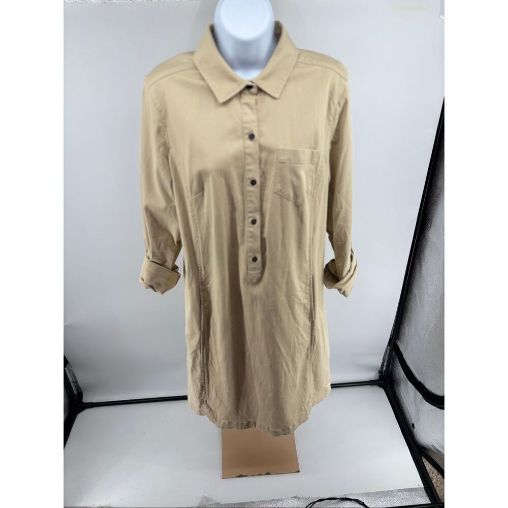 J. Jill Live In Chino Khaki Shirt Dress Button Front Roll Tab Sleeve Size 10